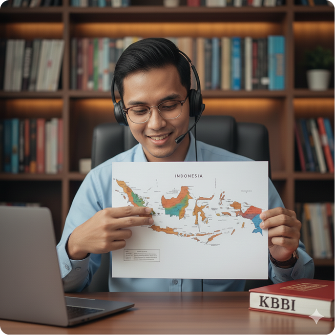 Student learning Indonesian with map